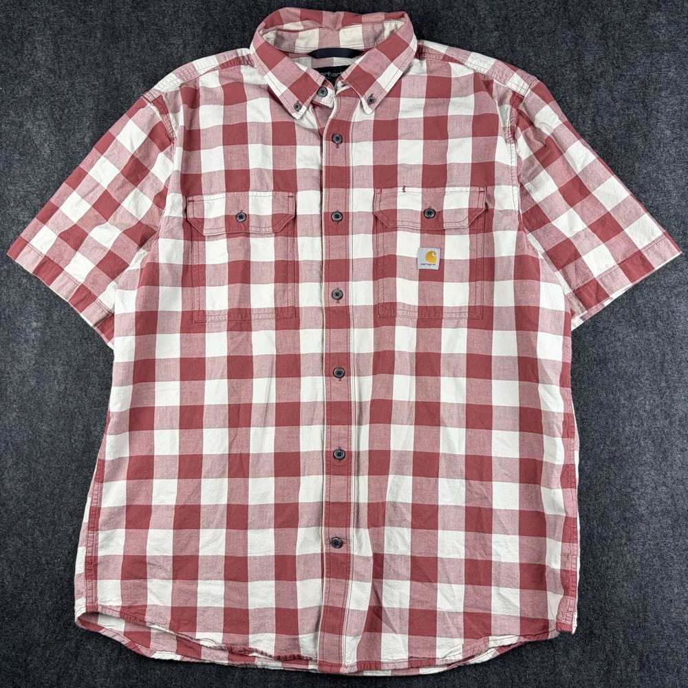 Carhartt Loose Fit Plaid Button Up Work Shirt Red White Men's Large